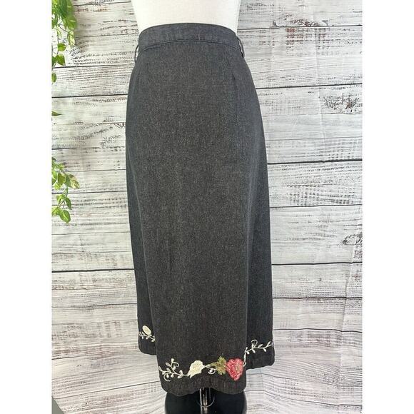Denim & Co Skirt Plus size 1X Black Denim Jean Long Straight Floral Embroidery - Picture 2 of 14